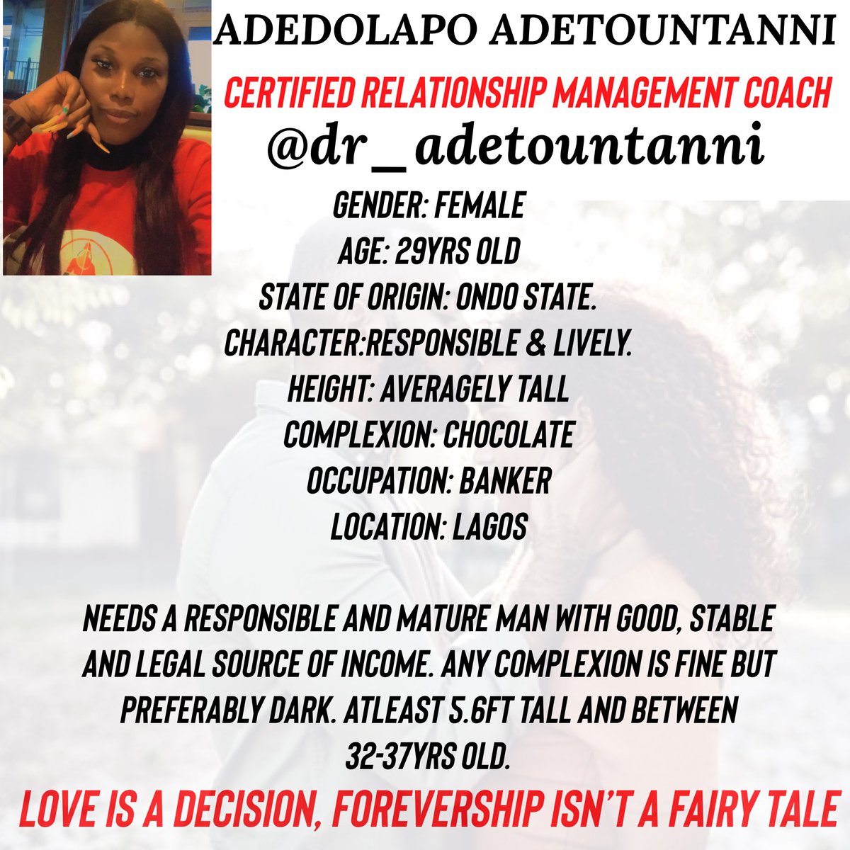 dr_adetountanni's tweet photo. “LOVE IS A BEAUTIFUL THING”
Anyone interested should reach out in the DM!
Thanks🙏🏾😊 & Goodluck 🤝🏾
PS: It is NOT free,both parties have to pay a N10,000 charge each b4 getting connected. This would show your seriousness after a deep conversational chat.
#matchmakingservice https://t.co/5sF8QL9l8l