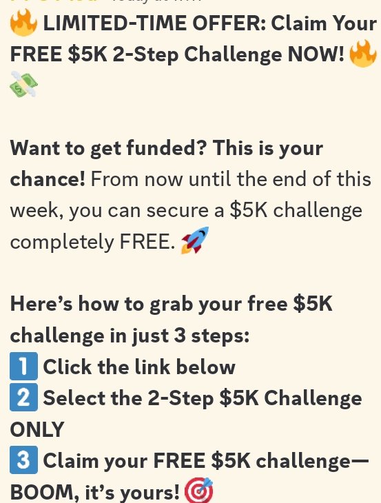 Free 5k PropFirm challenge Account for everyone. 
Steps to claim 
01. Like 
02. Retweet
03. Take ss and comment 
I will personally DM you the link
Fast for 1 day only