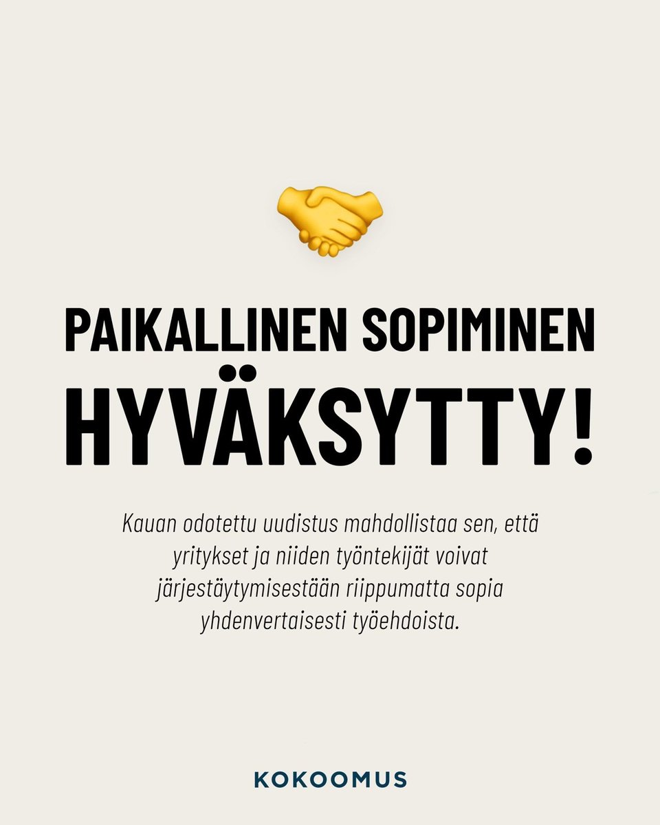 Historiallista - paikallinen sopiminen hyväksyttiin! 🔥

Hallitus antoi syyskuussa – valtakunnallisena yrittäjän päivänä 5.9. – eduskunnalle esityksen paikallisen sopimisen laajentamisesta myös järjestäytymättömien yritysten käyttöön. 

Jatkossa lähes 60 000 uutta yritystä pääsee