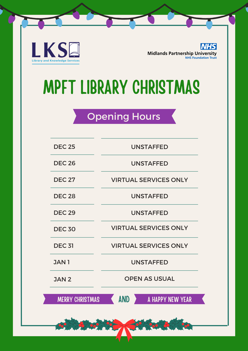 MPFT Library (@library_mpft) on Twitter photo Don't forget you can access our online resources 24/7 over the Christmas period🎄 If you want to talk to a member of staff, our availability is listed below.
If you have any questions, feel free to contact us via email or MS Teams and we will get back to you.
<a href="/mpftnhs/">Midlands Partnership University NHS FT</a> Don't forget you can access our online resources 24/7 over the Christmas period🎄 If you want to talk to a member of staff, our availability is listed below.
If you have any questions, feel free to contact us via email or MS Teams and we will get back to you.
<a href="/mpftnhs/">Midlands Partnership University NHS FT</a>
