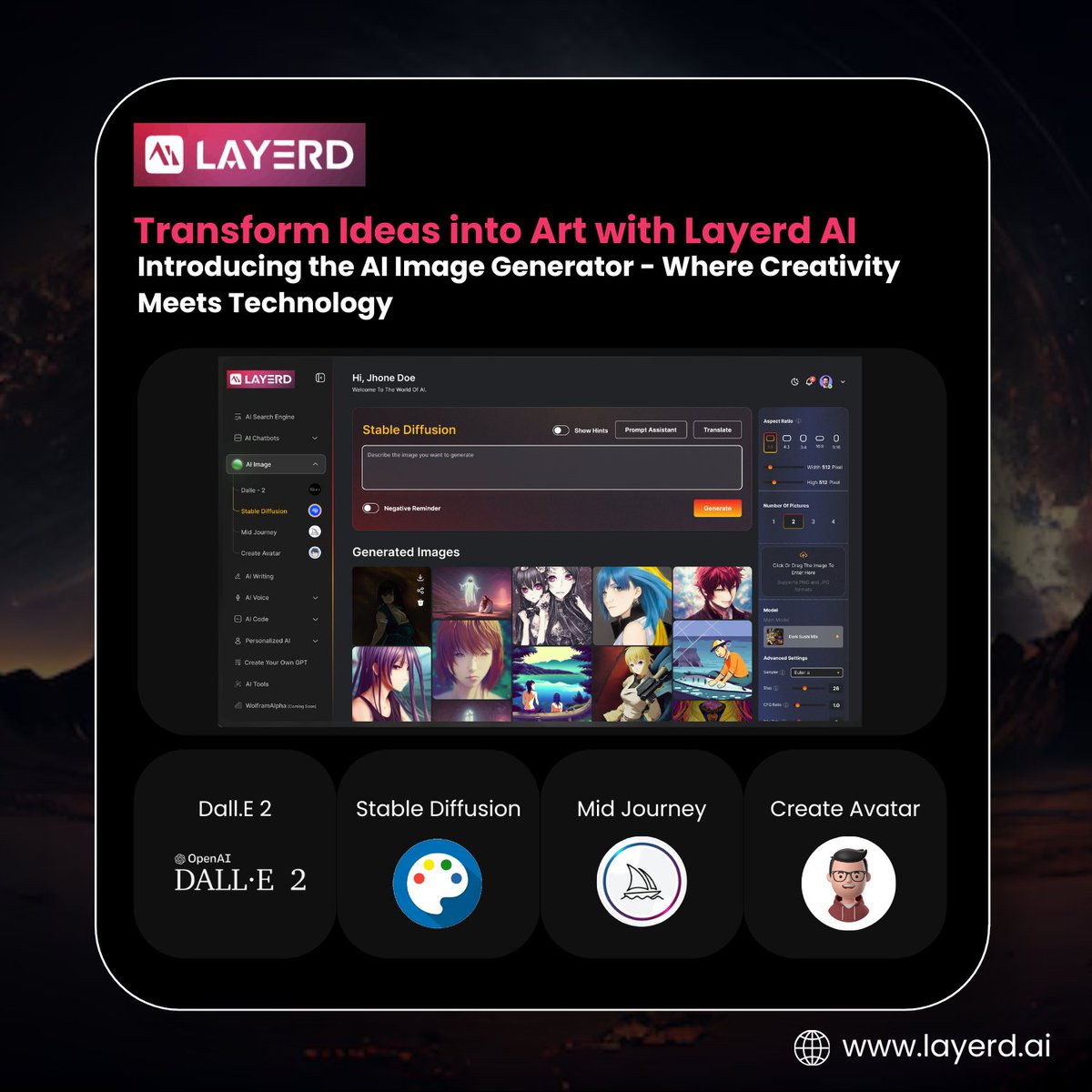 layerd_ai1's tweet photo. All your favorite AI-powered image generation tools in one place!💡✨

Create stunning visuals and bring your imagination to life with Layerd AI. 🌟

Visit Us: https://t.co/tj6jCzoQ55

#AIArt #AllInOne #LayerdAI #AIImageGenerator #CreativeTechnology #DigitalArt #Innovation https://t.co/1CmEPkaXrg
