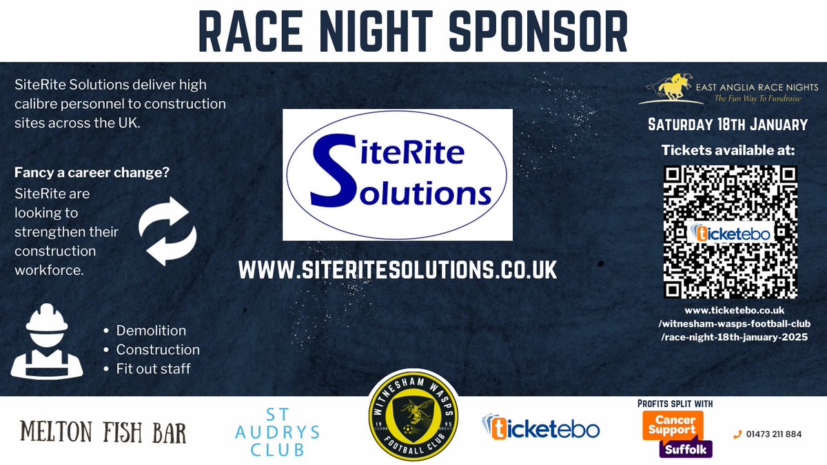 Massive thanks to <a href="/SiteRite/">SiteRite Solutions</a> for sponsoring a race at our race night supporting the club and Cancer Support Suffolk👏

They provide a bespoke service, delivering personnel to construction sites across the UK and they’re currently looking to strengthen their construction workforce!