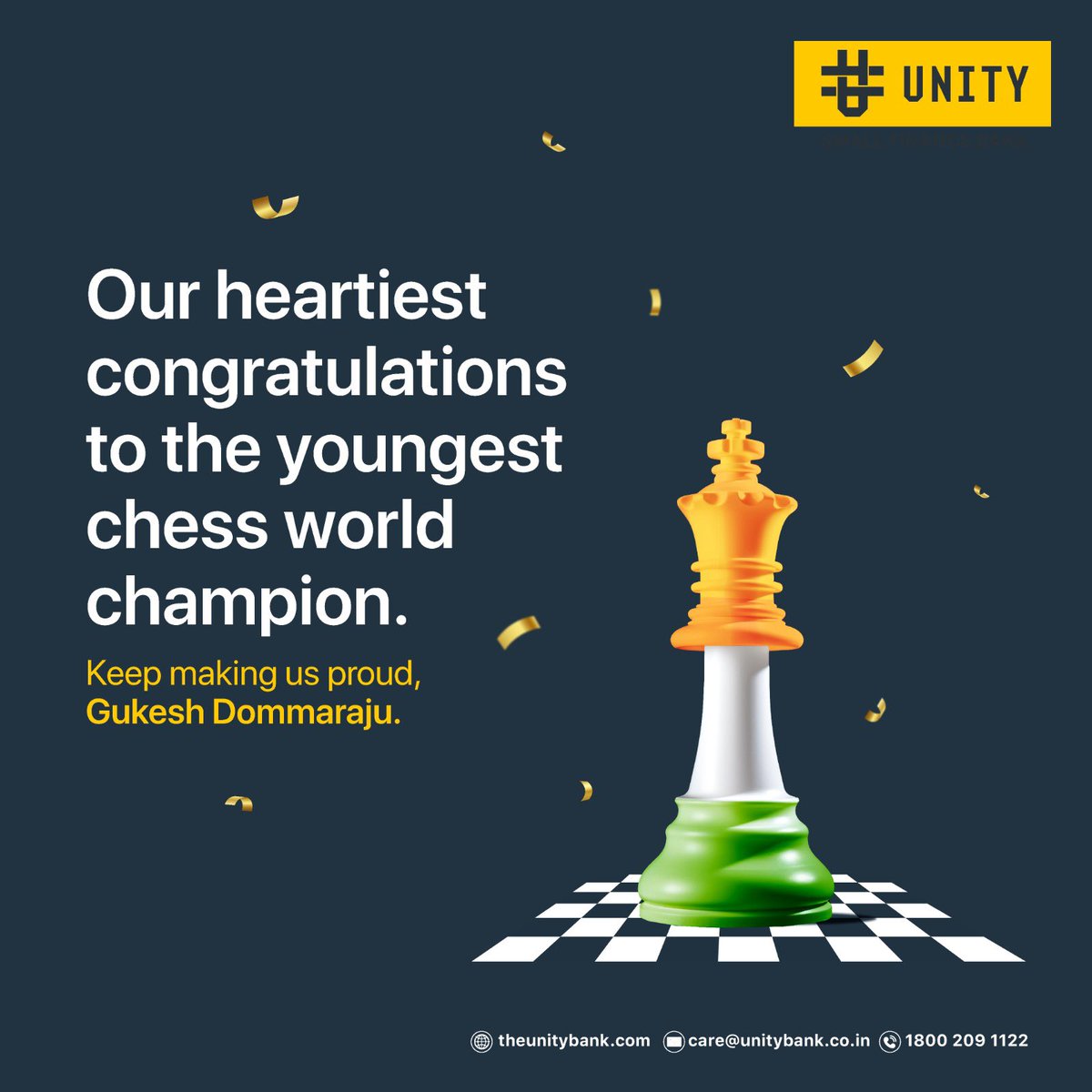 UnitySFBank's tweet image. History made! Congratulations to Gukesh Dommaraju, the youngest chess world champion. You’ve made India proud!

#UnitySFB #UnityBank #Chess #worldchesschampion