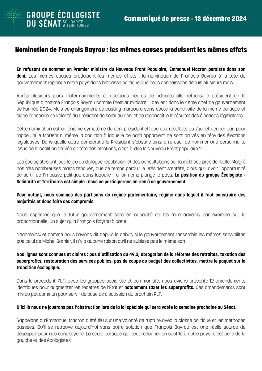 #PremierMinistre 

Les mêmes causes produisent les mêmes effets : la nomination de François Bayrou à la tête du gouvernement replonge notre pays dans l’impasse politique. 🔴

Retrouvez notre communiqué ⤵️