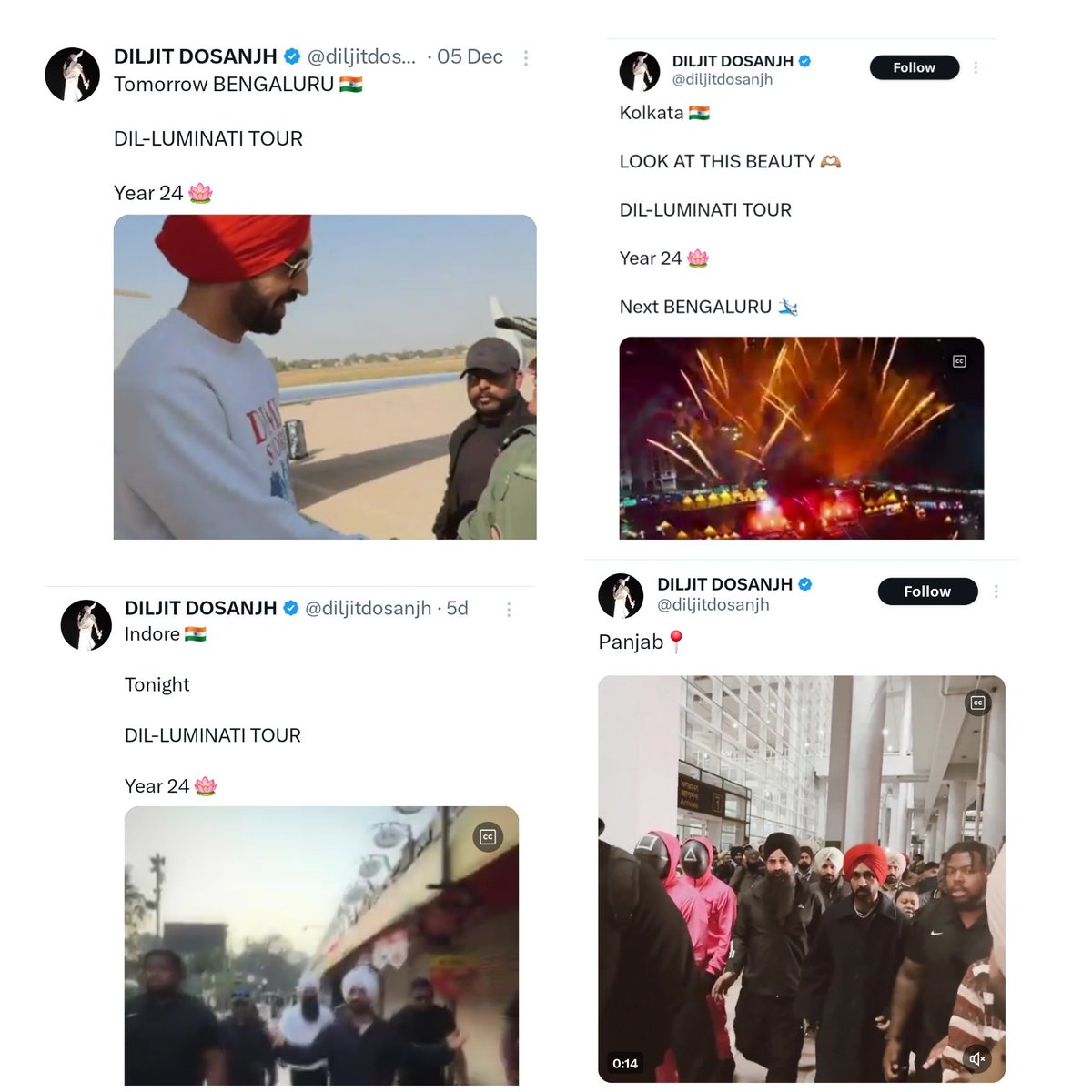 -Bengaluru: Indian flag🇮🇳
-Kolkata : Indian flag 🇮🇳
-Indore : Indian Flag 🇮🇳
-Punjab : Wrong spelling (Pakistani call it Panjab) and no Indian flag

So <a href="/diljitdosanjh/">DILJIT DOSANJH</a> doesn't consider Punjab an Indian state?? Who is he trying to impress??
