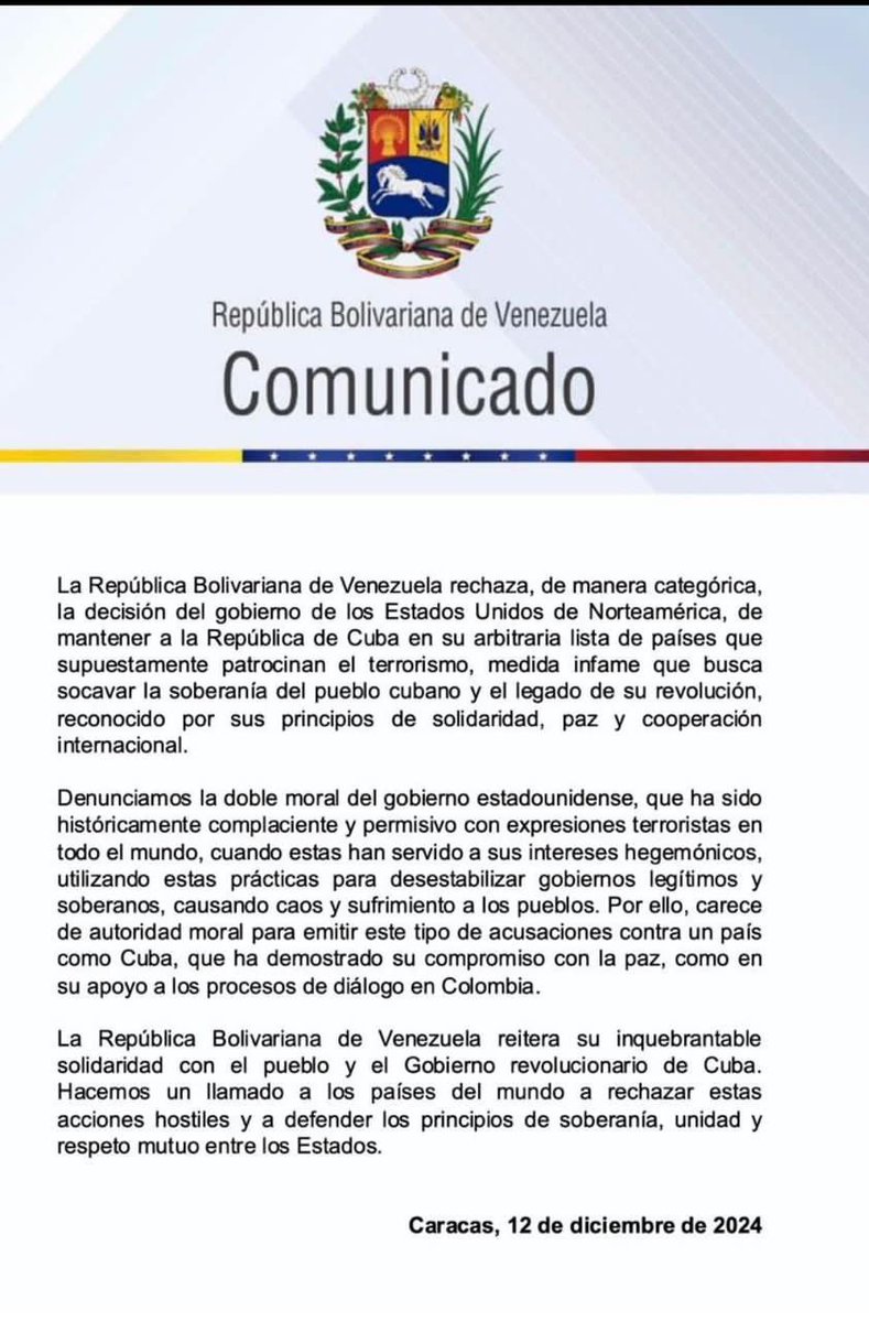 BrunoRguezP's tweet photo. Agradecemos comunicado de gobierno #Venezuela que rechaza decisión de gobierno EEUU de mantener a nuestro país en espuria lista de supuestos Estados patrocinadores del terrorismo.

Sabemos que #Cuba no está sola y cuenta con solidaridad internacional frente a esta arbitrariedad. https://t.co/sQ3AQVtxlc