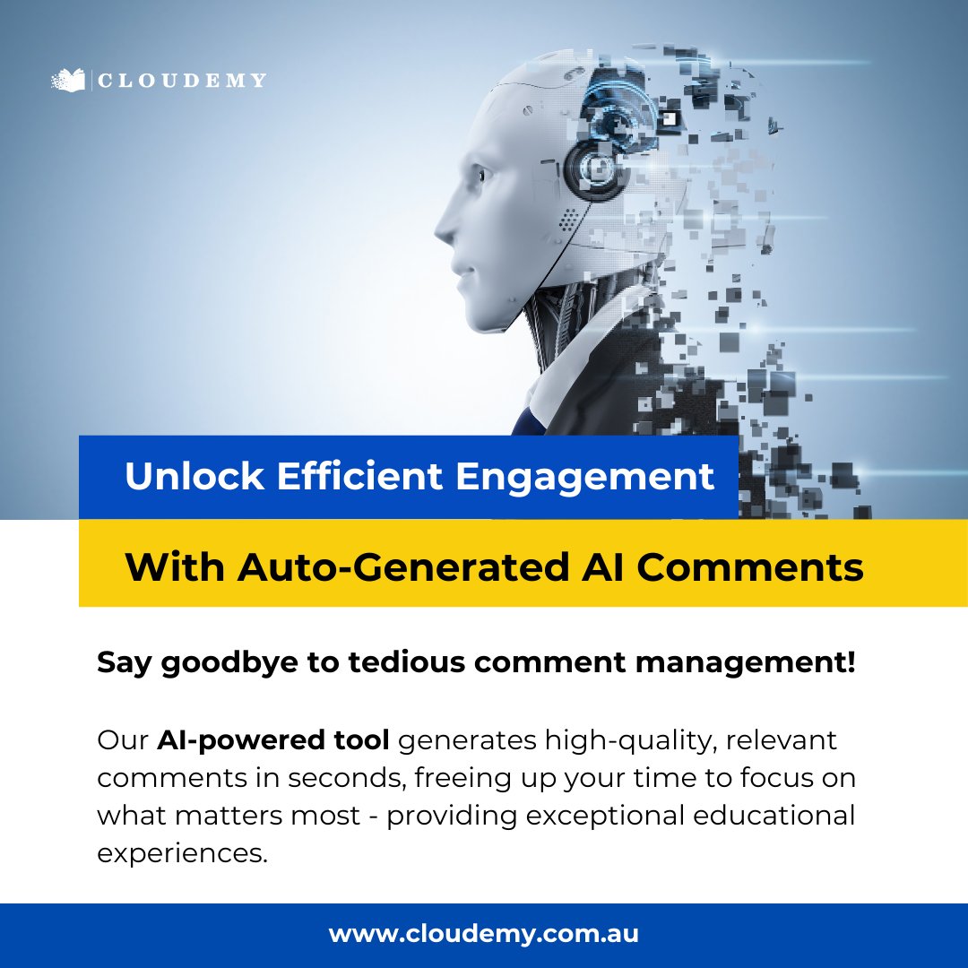 Cloudemy244569's tweet image. Transform the way you engage! ✨ With Cloudemy&apos;s AI-powered tool, generate instant, high-quality comments and focus on delivering outstanding educational experiences. Say hello to efficiency! 🤖📚 #AIInnovation #EfficientTeaching #Cloudemy