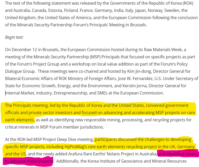 MylesMcNulty's tweet image. Another flag-waving exercise from #MKA about the strategic significance of it rare earths recycling business, #HyProMag, to many major nations.

In the first paragraph of the attached statement, see the names of the 14 countries that are the principals of the Minerals Security