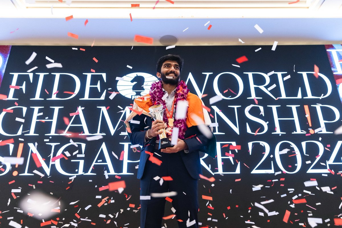 ChessbaseIndia's tweet photo. Meet the 18th World Chess Champion - the youngest World Champion in the history of Chess, GM D Gukesh! What a moment for Indian Chess as Gukesh lifts the trophy. 

Photos: Eng Chin An 
#chess #chessbaseindia #Gukesh #WorldChampion https://t.co/ERzGQ2YVT0