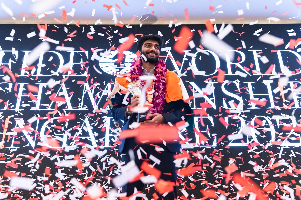 ChessbaseIndia's tweet photo. Meet the 18th World Chess Champion - the youngest World Champion in the history of Chess, GM D Gukesh! What a moment for Indian Chess as Gukesh lifts the trophy. 

Photos: Eng Chin An 
#chess #chessbaseindia #Gukesh #WorldChampion https://t.co/ERzGQ2YVT0