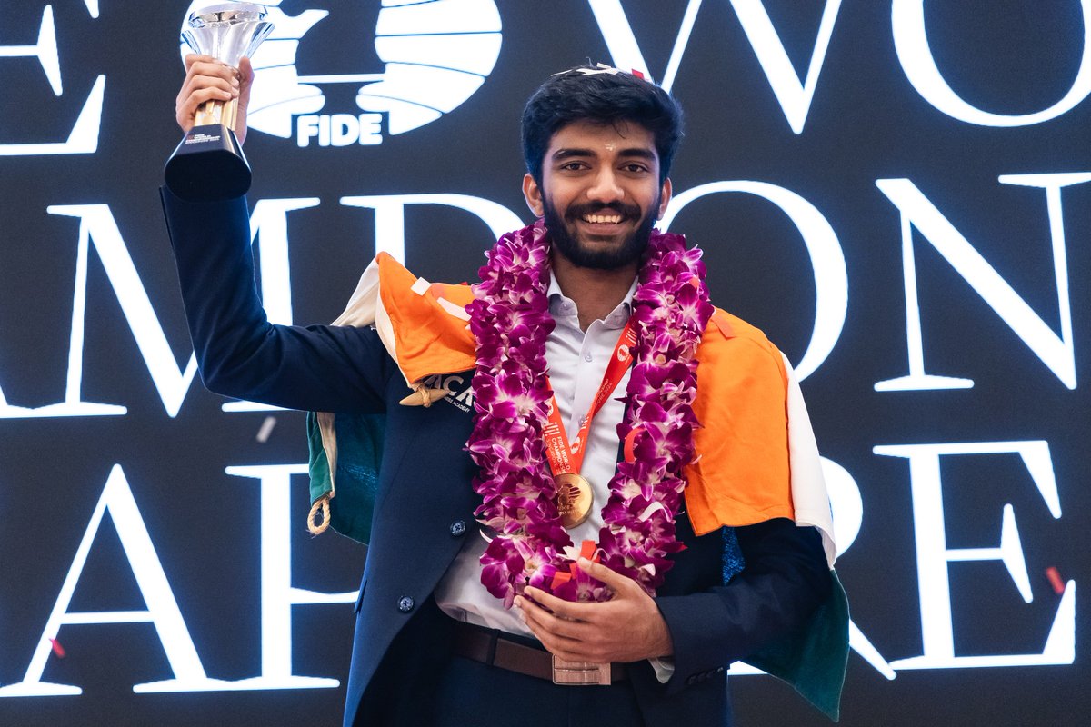 ChessbaseIndia's tweet photo. Meet the 18th World Chess Champion - the youngest World Champion in the history of Chess, GM D Gukesh! What a moment for Indian Chess as Gukesh lifts the trophy. 

Photos: Eng Chin An 
#chess #chessbaseindia #Gukesh #WorldChampion https://t.co/ERzGQ2YVT0