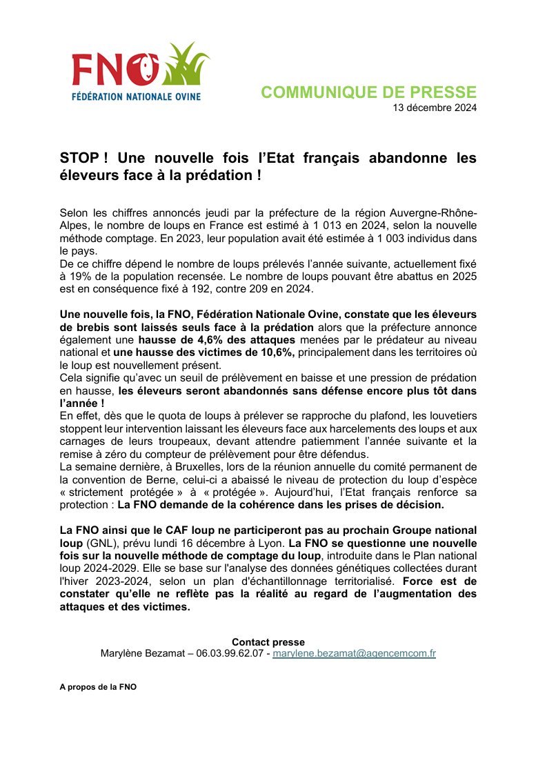 EleveursOvins's tweet photo. 🛑Une nouvelle fois l'Etat 🇫🇷 abandonne les éleveurs 🐑🐂🐄🐐face à la prédation !
🔴 La FNO refuse de participer au Groupe National Loup (16/12) 👉les décisions doivent être cohérentes !
#Éleveurs #Loup #Prédation #FNO #objectifzeroattaque https://t.co/zWadBQS6kp