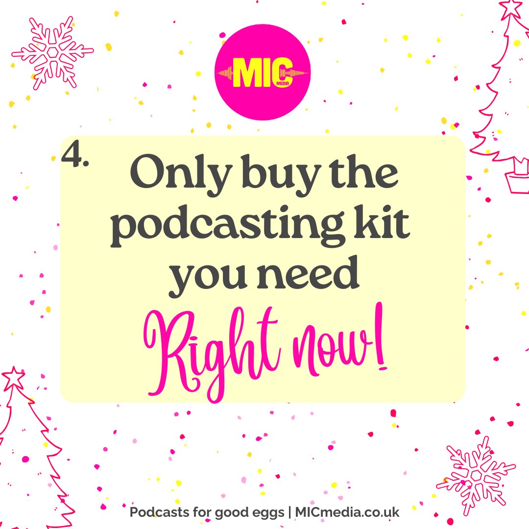 Don’t let tech overwhelm you! 🙅‍♀️ 

You don’t need fancy, dear equipment to start a podcast. 

Your voice and message are the most important tools. 

Start small and experiment!! 🎙️ 

#MICmas #podcast #socialimpact #contentmarketing #podcasttips #podcasthelp #grabtheMIC