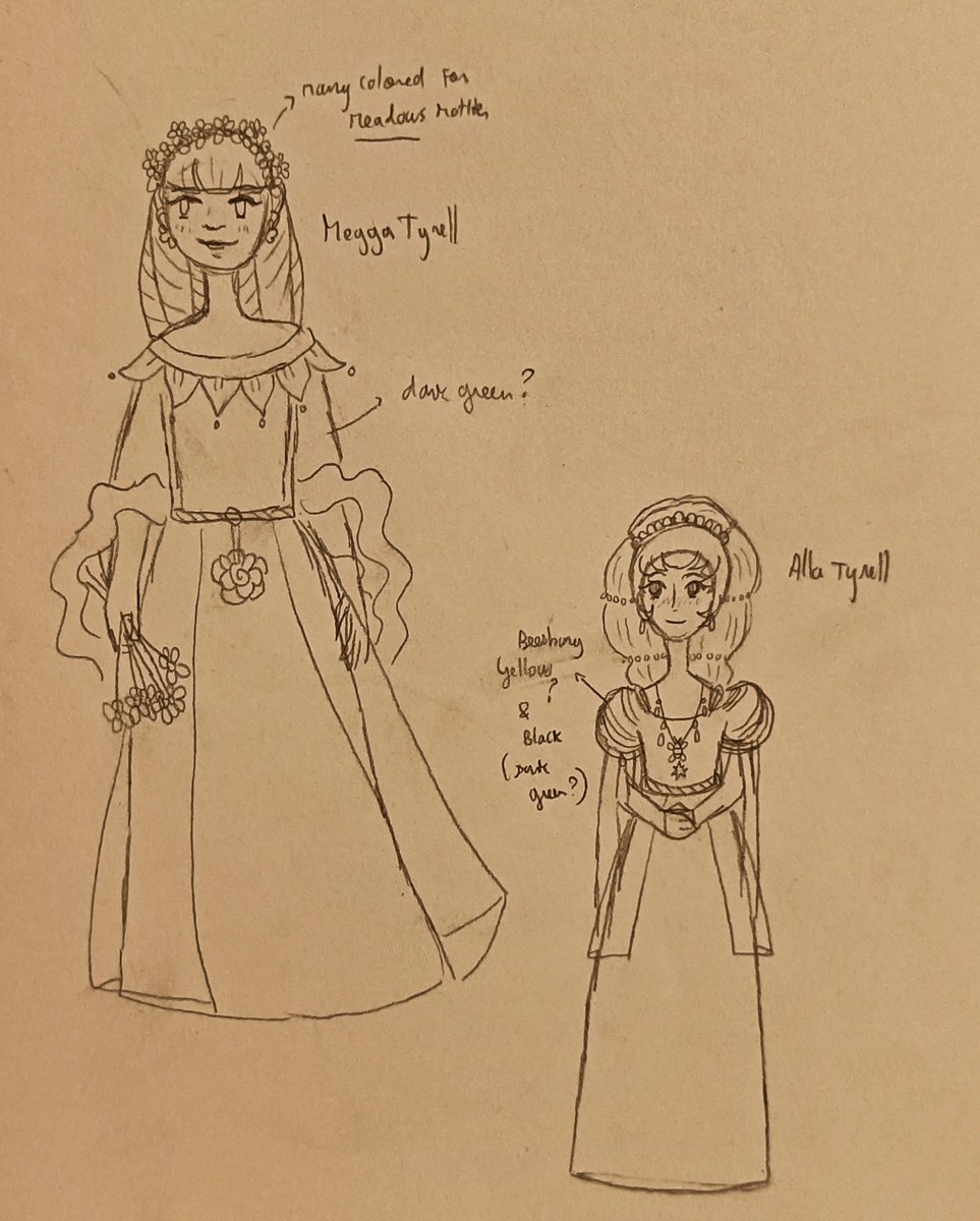 deligny_alice's tweet photo. A bit late but some wips for day 2 of #HouseTyrellWeek2024 - Megga &amp; Alla Tyrell, Margaery's little cousins. Can't yet figure out how to draw Elinor I might have to rewatch Lady Oscar for inspo lol. https://t.co/zAtNYrk4wE