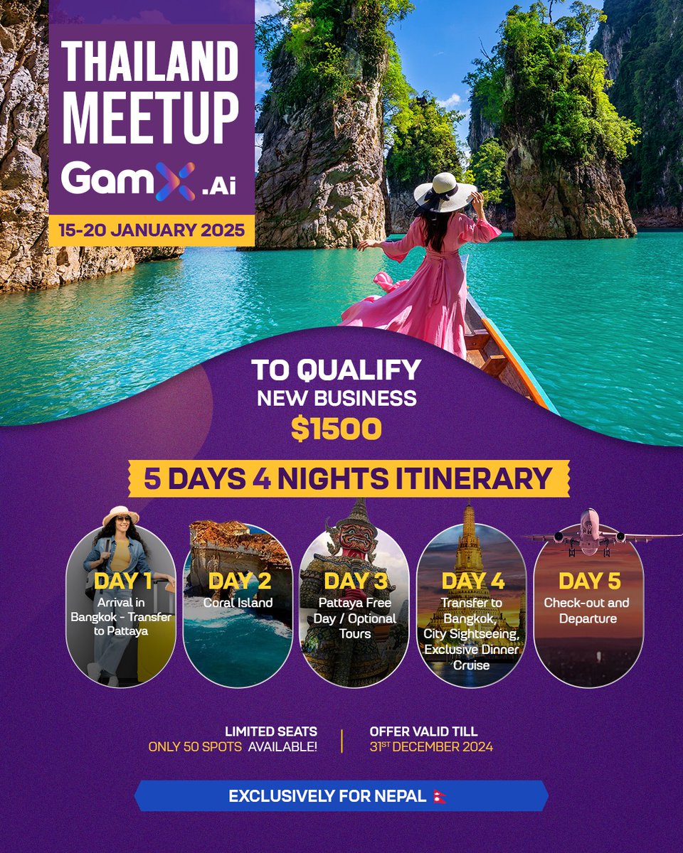 Gamx_Ai's tweet image. 🚨 Nepal Exclusive: Thailand Meet-Up with GAMX AI! 🌴
  
🗓️ 15th–20th January 2025

💼 Qualify with $1500 in new business!

🌟 Limited to 50 spots – book by 31st December!  

Start 2025 with adventure, growth &amp;amp; endless opportunities! 

#GamxAi #GamX #Ai #Thailand2025