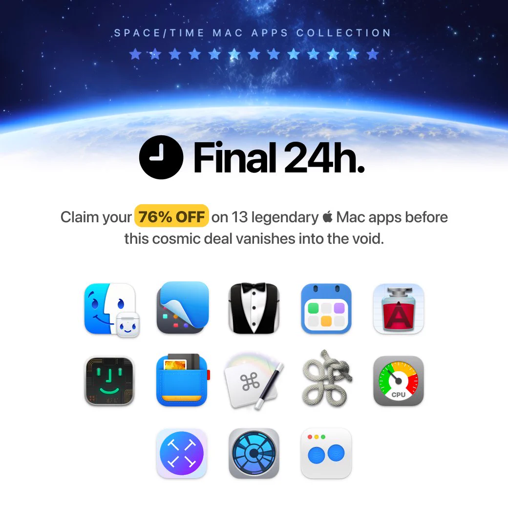 13 Mac apps (AirBuddy, CleanShot X,  Bartender, BusyCal, TextSoap, BatFi, Unclutter, Keyboard Maestro, Key Cue, App Tamer, TextSniper, DaisyDisk, Swish) on a space background