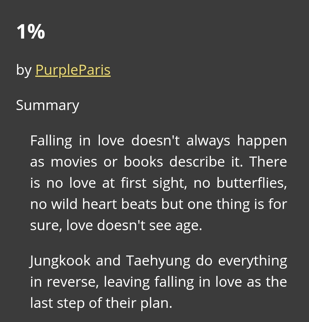 💭 Today's taekook fic rec

📖 : 1%  by <a href="/purpleparistk/">🍒Steph⁷ is writing</a>

💌 A/b/o
💌 Alpha Jeon Jungkook 
💌 Omega Kim taehyung 
💌 Unplanned Pregnancy 
💌 Age-gap
💌 Arranged Marriage 
💌 Mpreg
💌 🔞
💌 Happy Ending 

🔗archiveofourown.org/works/37570192