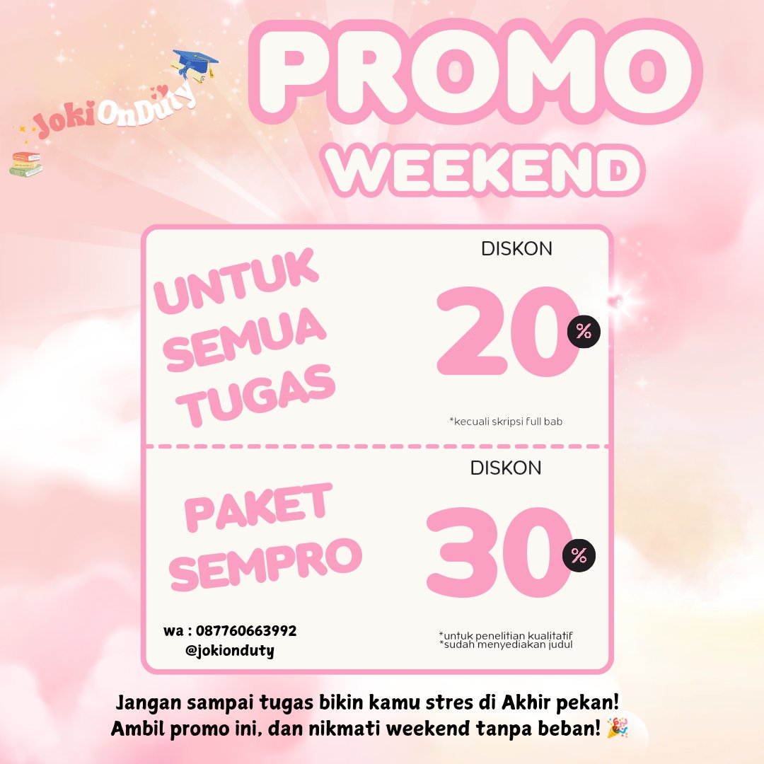 lihecangurl's tweet image. gaiiis yang mau seneng2 tanpa harus kepikiran deadline tugas bisa bgt yaaa joki tugas ke akuuu 😍
bisa buat smua jurusan dan smua tingkat. dm aku yaaa, harga dijamin amannn bgtt🫶🏻
#PromoWeekend #DiskonTugas #Sempro #zonauangᅠ #WeekendDeal #jokitugasmurahmeriah
#jokitugasmurah