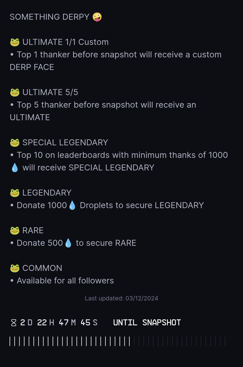 Amadeiuss's tweet photo. Goodmorning, homies π«Ά
π¨ 2 DAYS AND 22 HRS UNTIL SNAPSHOT π¨
ART REVEAL
π₯ Derpy Yoda - COMMON β’ Available for all followers
π₯ Derpy Princess Leia - RARE β’ Donate 500π§
Legendary, Special Legendary and Ultimate to be revealed
#Derpedup @drip_haus https://t.co/q1BlMe4gLV