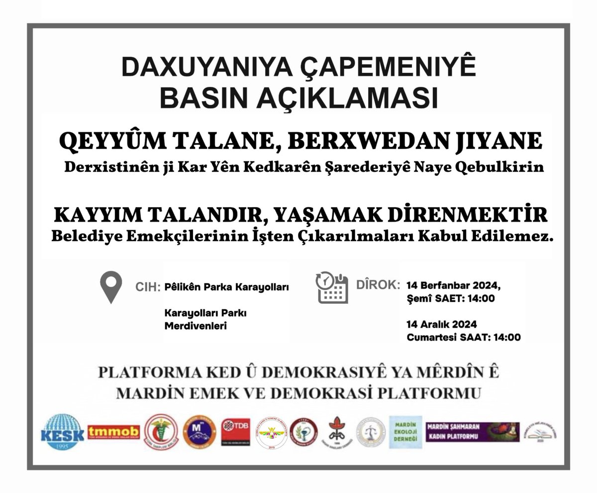 Kayyum darbesini ve kayyumların işçi,emekçi kıyımlarını kabul etmiyoruz yapacağımız açıklamaya tüm duyarlı kesimleri bekliyoruz 
#KayyumaDurDe