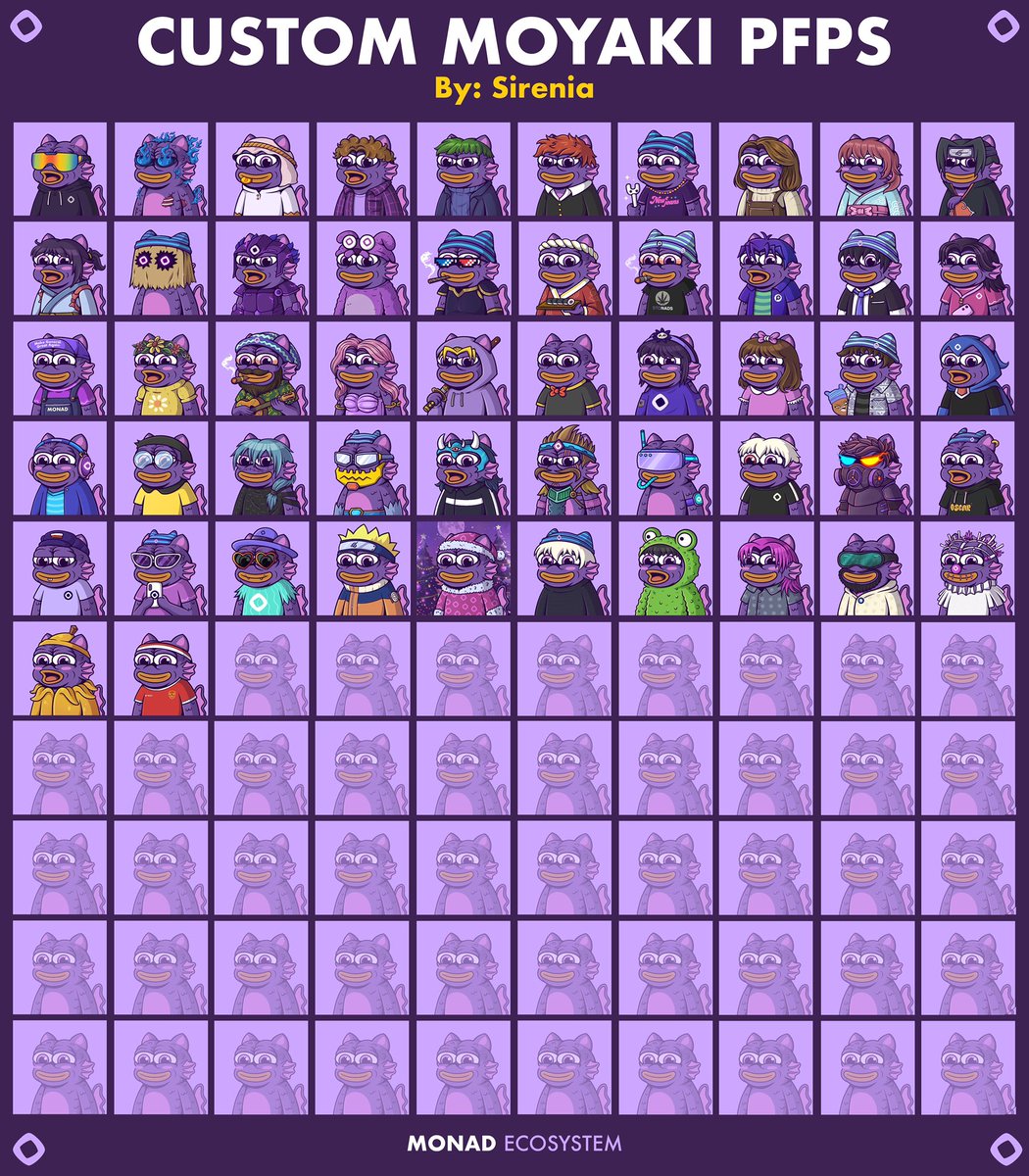 SireniaNFT's tweet image. Gmonad! Showcase all Moyaki PFPs I made so far. 
From Monad to the whole ecosystem. 💜
Can you find your favorite Moyaki in this picture? 👀