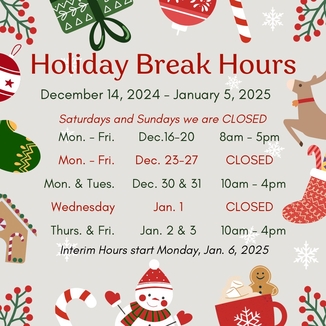 Every study nook and cranny at the library has been used these last two weeks. Now, it seems very quiet. We wish you all a restful, well-deserved break! Here are the hours we are available until Interim starts January 6th