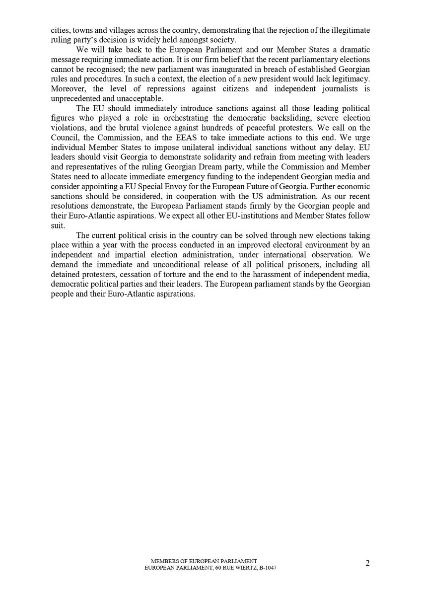 Rigged elections. Brutal repression. A stolen future.

Georgia is at a crossroads.

The EU must:

- Introduce sanctions immediately
- Demand new elections
- Support those fighting for democracy

@KajaKallas <a href="/MartaKosEU/">Marta Kos</a> <a href="/vonderleyen/">Ursula von der Leyen</a>

MEPs' statement after our visit to Tbilisi: