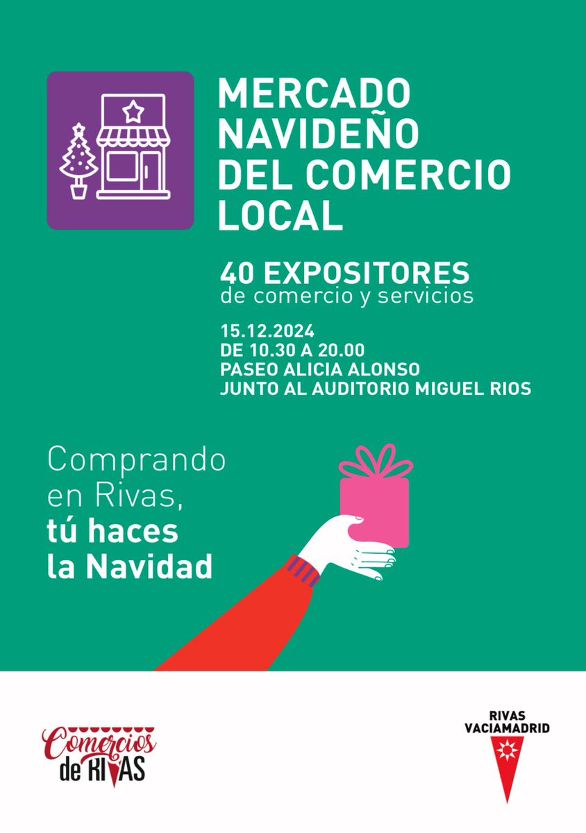 AytoRivas's tweet photo. 🛍️  Comprando en Rivas, tú haces la Navidad. Recuerda que este domingo puedes hacerte con los mejores regalos para tu familia en el Mercado Navideño del Comercio Local, que tendrá lugar durante toda la jornada en el paseo de Alicia Alonso, junto al Miguel Ríos. https://t.co/OsSsfQDy9J