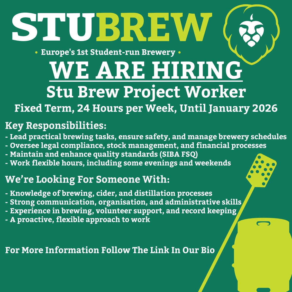 StuBrewNCL's tweet image. Are you passionate about brewing, supporting students, and fostering innovation? We’re looking for a Stu Brew Project Worker to join our vibrant and inclusive charity.
For more information about the role and to find out how to apply, follow the link in our bio!🔗
