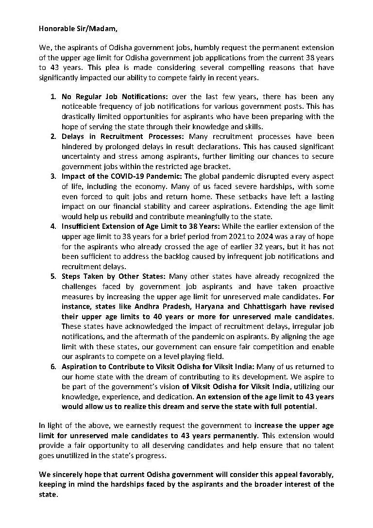 impabitradas's tweet photo. Honorable Sir/Madam,

@BJP4India
@BJP4Odisha
@narendramodi
@dpradhanbjp
@MohanMOdisha
@CMO_Odisha
@KVSinghDeo1
@PravatiPOdisha
@MahalingMukesh

We sincerely hope that current Odisha government will consider the appeal and #IncreaseUpperAgeLimitTo43Years for UR (M) aspirants. https://t.co/DLoAo8Jg4C