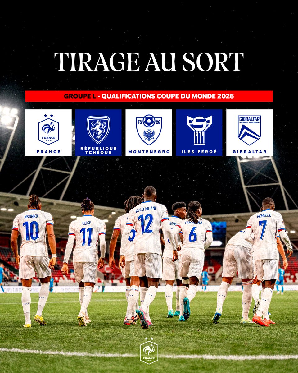 📣 Le tirage des 𝗾𝘂𝗮𝗹𝗶𝗳𝗶𝗰𝗮𝘁𝗶𝗼𝗻𝘀 𝗽𝗼𝘂𝗿 𝗹𝗮 𝗖𝗼𝘂𝗽𝗲 𝗱𝘂 𝗠𝗼𝗻𝗱𝗲 𝟮𝟬𝟮𝟲 est tombé !

Ça sera le 𝙜𝙧𝙤𝙪𝙥𝙚 𝘿 en cas de qualification face à la Croatie en mars ou le 𝙜𝙧𝙤𝙪𝙥𝙚 𝙇 en cas d’élimination.

 #FiersdetreBleus