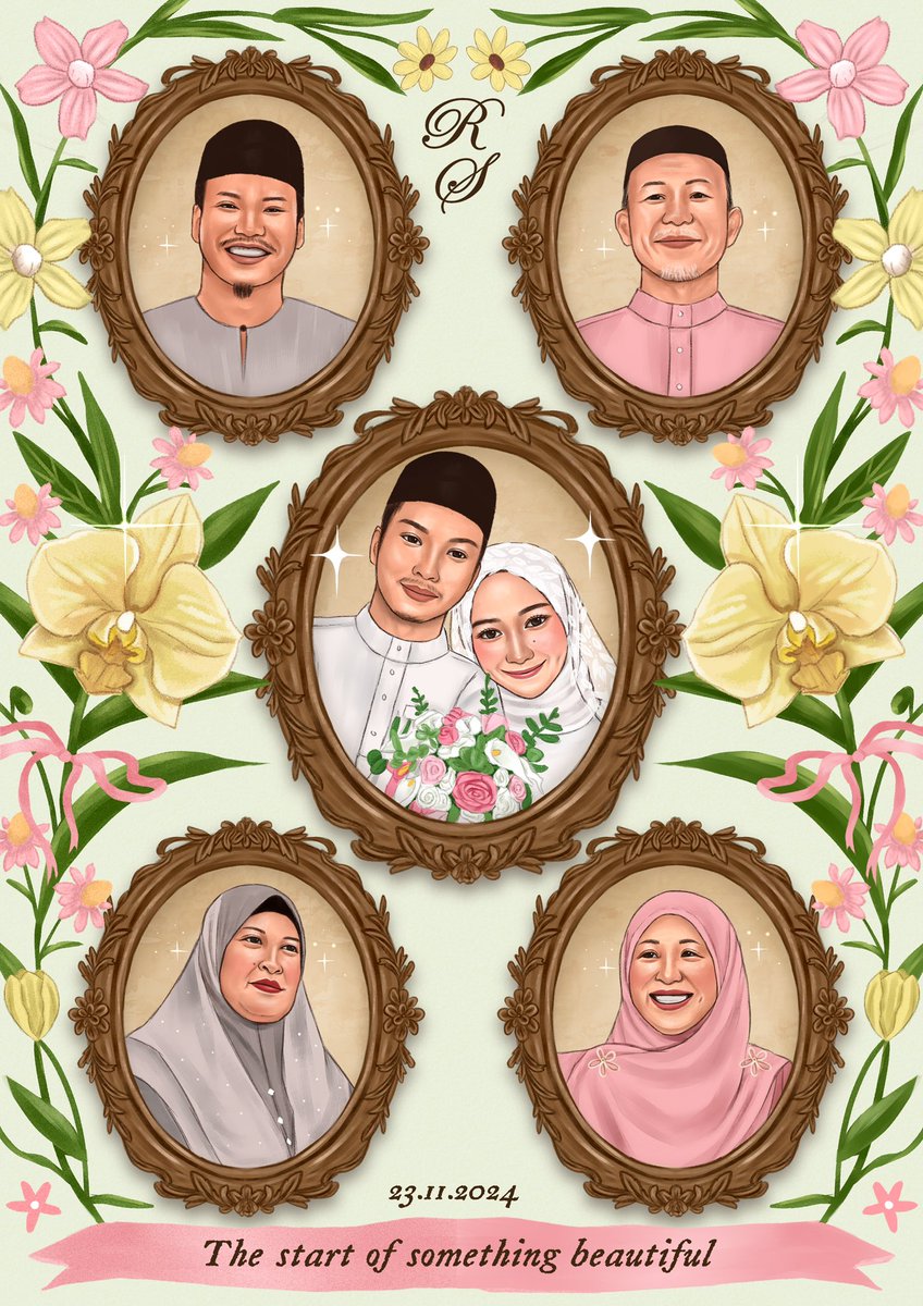 ainraii's tweet image. First time ada client request lukiskan parents sekali for wedding illustration🥹 anddd i loveee the outcome sangatt 🩷

The moodboard and the artwork