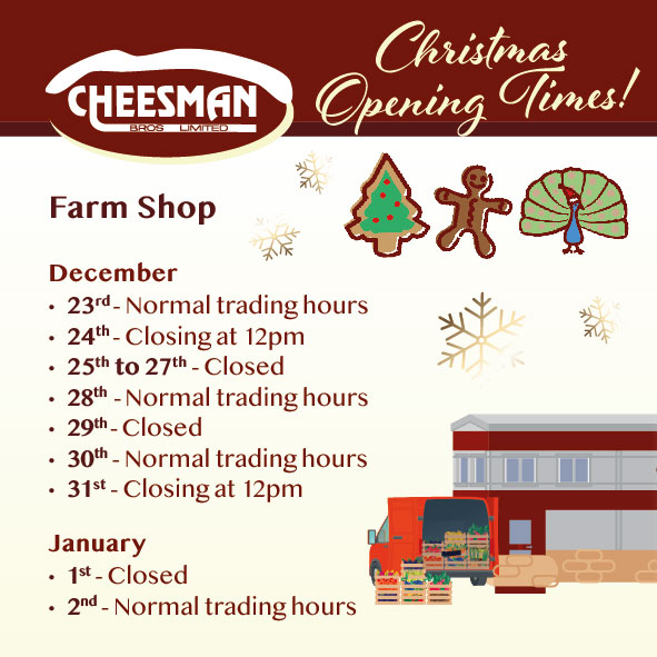 Cheesman Bros (@cheesmanbros) on Twitter photo Here are our Christmas opening times for general deliveries and the farm shop. Don’t miss out on the freshest produce this Christmas.
Grab our Christmas Order Form using the link below.
Fill, download and email to martin@cheesmanbros.co.uk
bit.ly/4fnug2n
#Christmas Here are our Christmas opening times for general deliveries and the farm shop. Don’t miss out on the freshest produce this Christmas.
Grab our Christmas Order Form using the link below.
Fill, download and email to martin@cheesmanbros.co.uk
bit.ly/4fnug2n
#Christmas