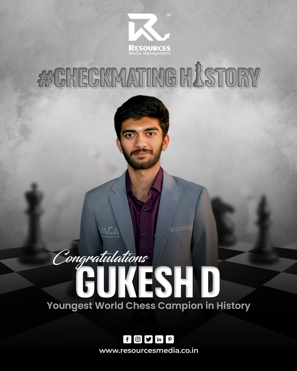 ResourcesMedia's tweet photo. Congratulations Gukesh Dommaraju on becoming World's youngest Chess Champion and making the Nation proud!
. 
[Winner, Chess, Game, Champion, National, Award, Motivation, Chessplayer, Competition, Congratulations, India]   
.
[For More Enquiry Call Us Now: 098251 26029] https://t.co/TWGWycmcKE