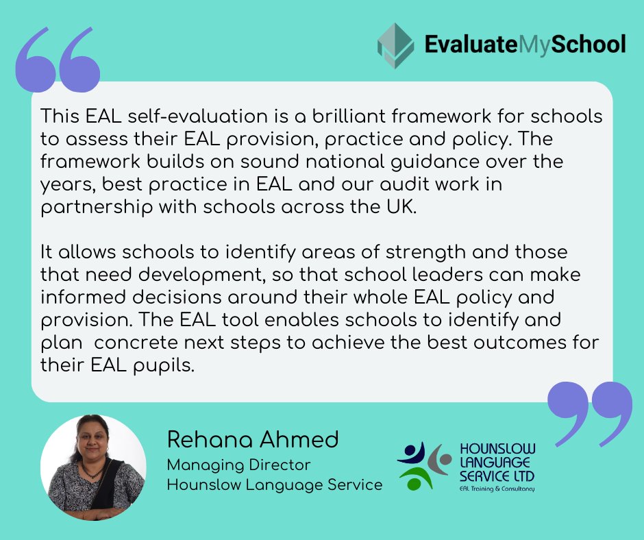 EvaluateSchool's tweet image. Our new #EAL self-evaluation is designed to support schools in creating a culture of excellence for multilingual learners. Written in partnership with @HLS_EAL , Rehana Ahmed shared this: