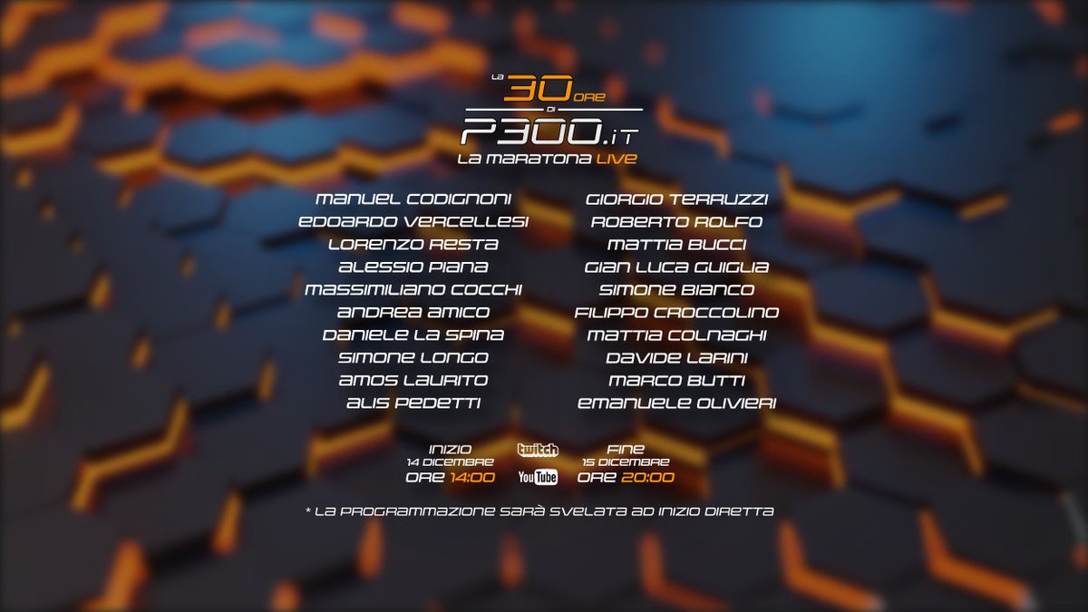 Ecco qui la lista ospiti per la 30 ore di P300.it! 
Il via domani alle 14:00 su Youtube e Twitch.

youtube.com/@P300Media
twitch.tv/p300it

p300.it/la-30-ore-di-p…

#P300 #Live #Motorsport