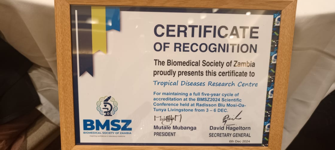NHRTI_ndola's tweet photo. Honored to receive recognition from the Biomedical Society of Zambia at the just ended BMSZ 2024 Annual Scientific conference. Here is to advancing science! #BMSZ2024 #TDRC #ResearchExcellence https://t.co/ZUp9lMuebi