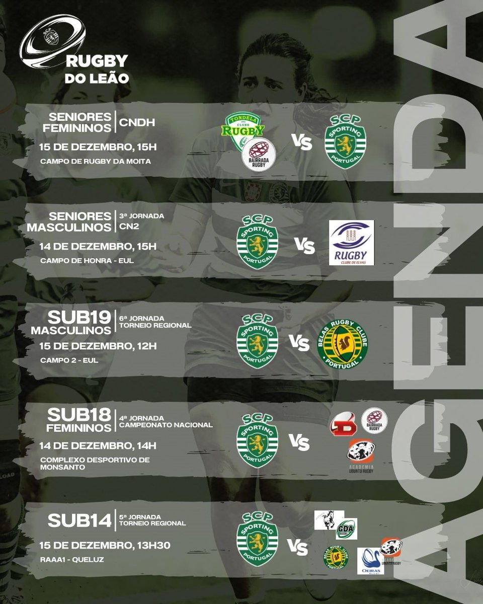 RugbydoLeao's tweet photo. 🏉 Fim de semana cheio de rugby verde e branco! 💚🤍
Vem apoiar os nossos leões e leoas!
#RugbySporting #Rugby #rugbydoleao https://t.co/0j29awSNxq