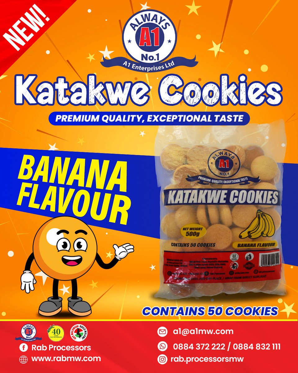 Go bananas with the new Katakwe Cookies! A flavor so irresistible, you’ll keep coming back for more.

#KatakweCookies #BananaDelight #TasteTheJoy #rabprocessors #rabgroup #mediaonemw #malawi