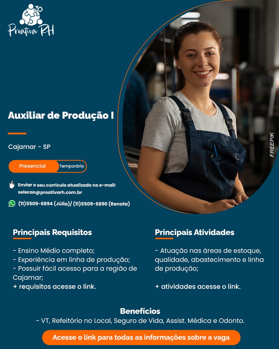 NOVA OPORTUNIDADE • Auxiliar de Produção I em Cajamar - SP

Envie o seu currículo atualizado no e-mail:
selecao@proativarh.com.br ou WhatsApp 115509-6894 (Júlia)/ 115509-6890 (Renata)

🧑🏽‍💻 Para mais informações:proativarh.pandape.infojobs.com.br/Detail?id=1667…

🏢 Modelo presencial

⏳Temporário