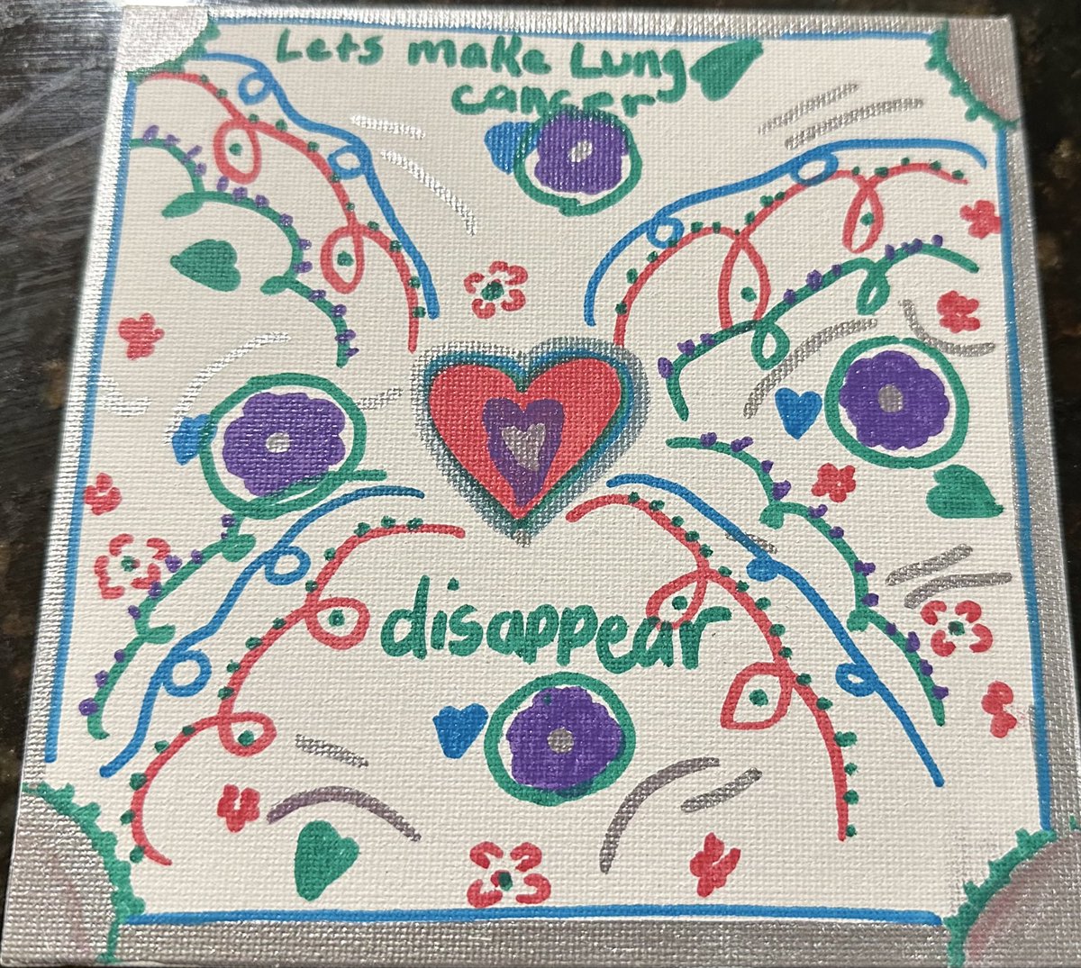 My highschool junior son, not an artist, made this for our ‘wall of art and messages’ initiative❤️(🫣handwriting-reads ‘gefitinib- this is where we started and this is where we are headed- targeted therapies to cure lung cancer’) (Also pictured is work by my 11 yo daughter)