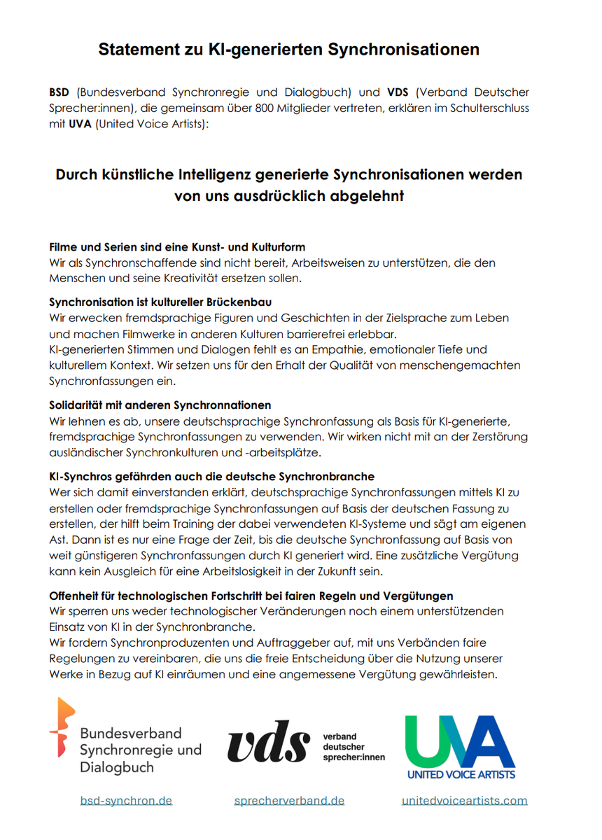 primalavera1's tweet photo. ENDLICH! 👏 BSD und VSD haben gemeinsam mit United Voice Artists ein Statement geschrieben und sich gegen KI-generierte Synchronisationen ausgesprochen. So ein immens wichtiger Schritt! Teilen, damit es alle mitkriegen! 🙏 https://t.co/uow4GjdZ9L