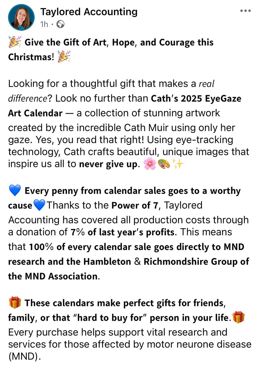 Lovely post from our 2025 Calendar sponsor. Thank you Taylored Accounting for joining us in the fight against #MND. 

Don’t forget to order before Wednesday for Christmas delivery 🎁 

Buy yours now here: cathmuir.etsy.com/listing/155453…
