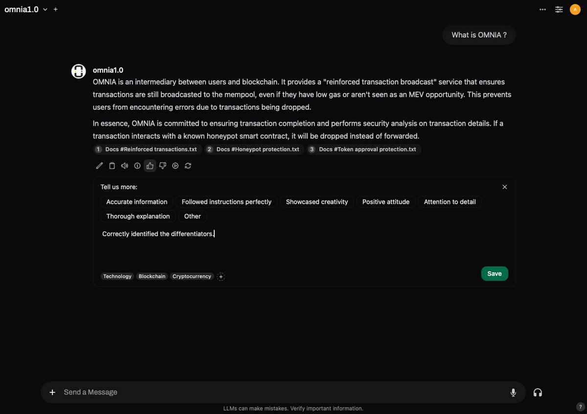 omnia_protocol's tweet photo. 🆕You can now rate #LLM responses from our #AI Brain platform https://t.co/ciqU5ztI7N, on every available model.
Just click on the 👍/👎 buttons, simply tap the proposed feedback tags or feel free to write your own message.
Your feedback will help us & the community to keep improving the upcoming models. 🌟