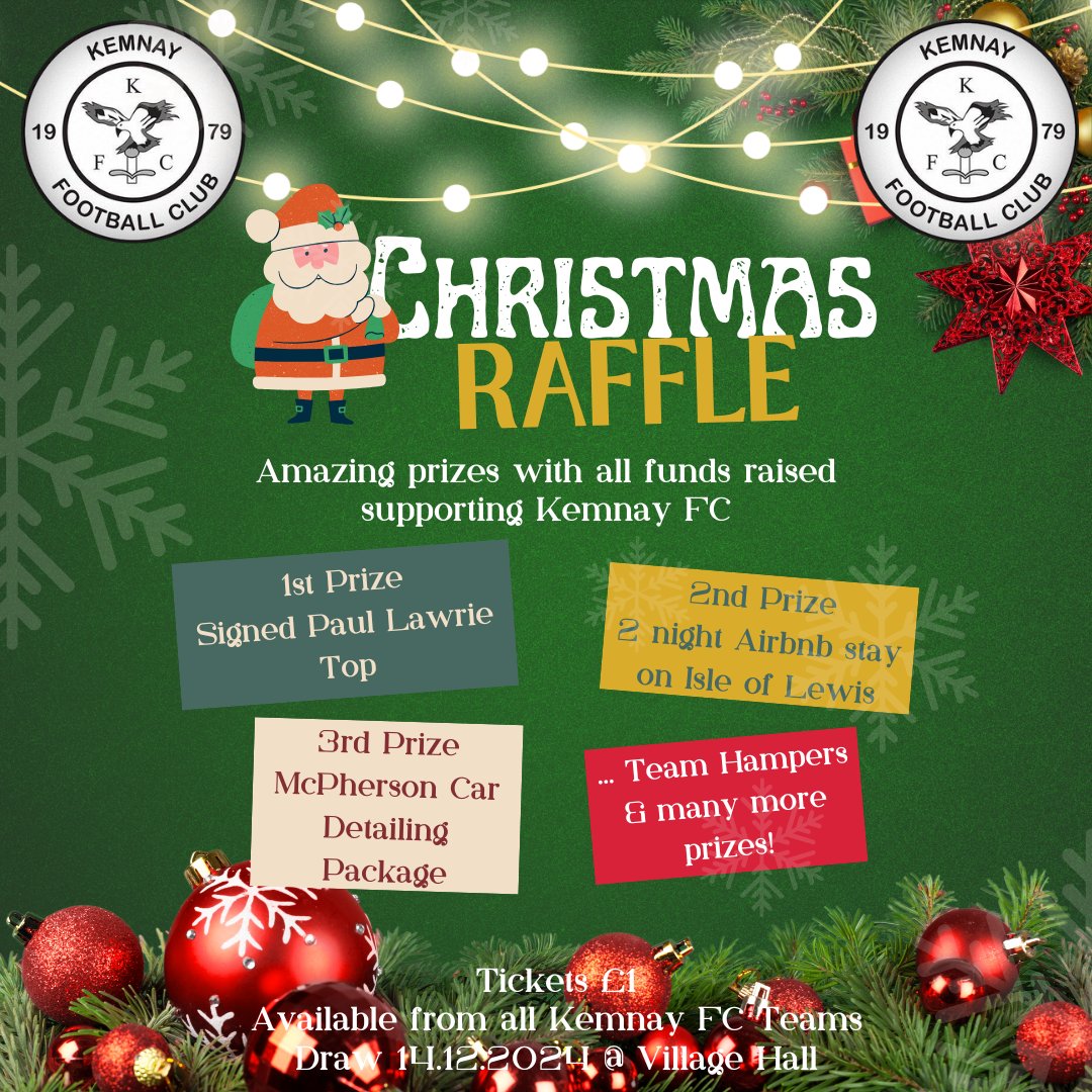 The countdown is almost over! Tomorrow sees our annual Christmas Raffle and Awards Day at Kemnay Village Hall.

Thanks to all who have bought raffle tickets and donated prizes, your support is hugely appreciated!

#christmassraffle #AwardsSeason #grassroots