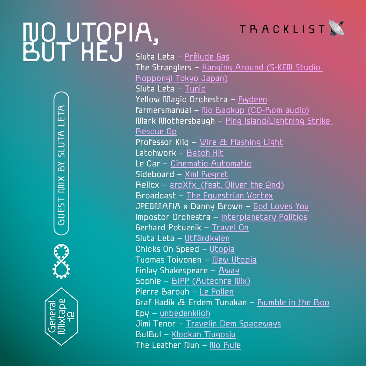 We made a mixtape for you 🪩
 
No Utopia, But Hej 🐰
#12 of General Magic’s General Mixtape series ∞ <a href="/cigamlareneg/">General Magic ∞</a>

w/ tracks from <a href="/farmersmanual_/">𝖿𝖺𝗋𝗆е𝗋𝗌 𝖬А𝖭ᑌ𝖠ᒪ</a> <a href="/mmothersbaugh/">Mark Mothersbaugh</a> <a href="/Professor_Kliq/">Professor Kliq</a> <a href="/jpegmafia/">JPEGMAFIA</a> <a href="/TheHappySunn/">TheHappySun</a> <a href="/chicksonspeed/">ChicKs on Speed</a> et al.

Listen via #Mixcloud 🎧 mixcloud.com/cigamlareneg/g…