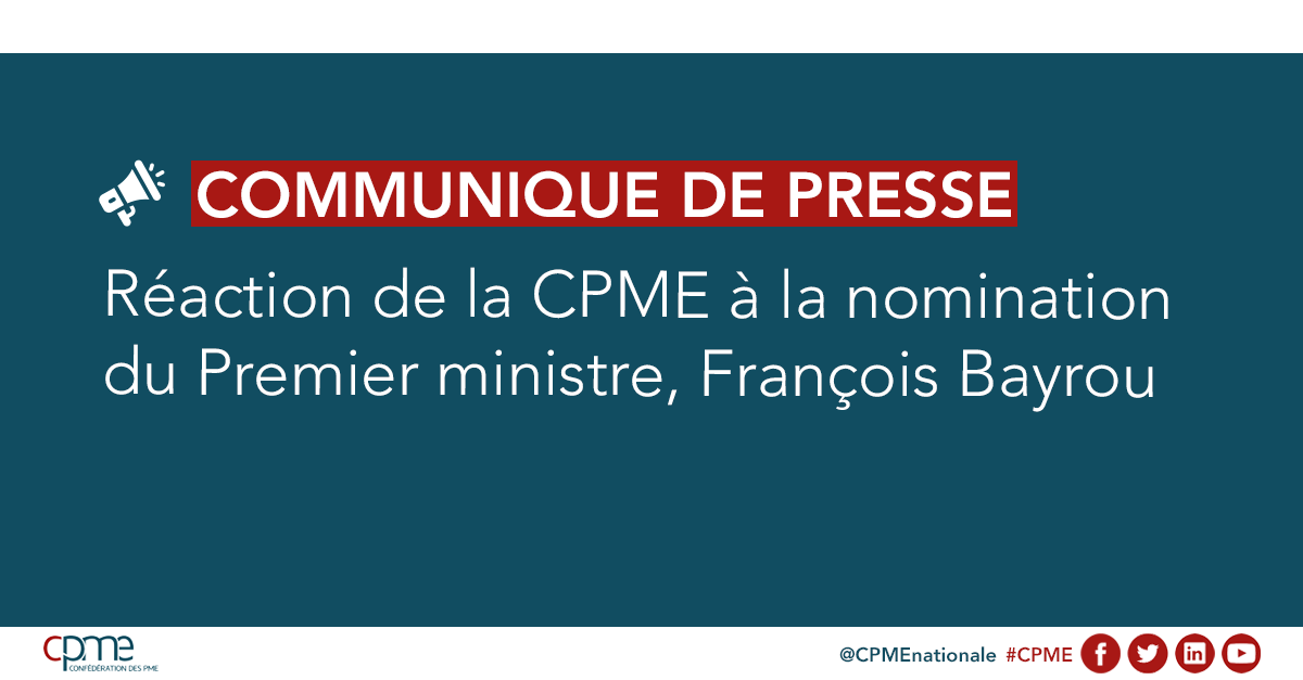CPME (@cpmenationale) on Twitter photo 🔴 Communiqué #CPME | La CPME souhaite plein succès à <a href="/bayrou/">François Bayrou</a> dans l’action qu’il conduira au service de la France. Les #entrepreneurs attendent de lui qu’il crée les conditions permettant de retrouver de la visibilité, de la lisibilité & de la stabilité.
cpme.fr/espace-presse/… 🔴 Communiqué #CPME | La CPME souhaite plein succès à <a href="/bayrou/">François Bayrou</a> dans l’action qu’il conduira au service de la France. Les #entrepreneurs attendent de lui qu’il crée les conditions permettant de retrouver de la visibilité, de la lisibilité & de la stabilité.
cpme.fr/espace-presse/…