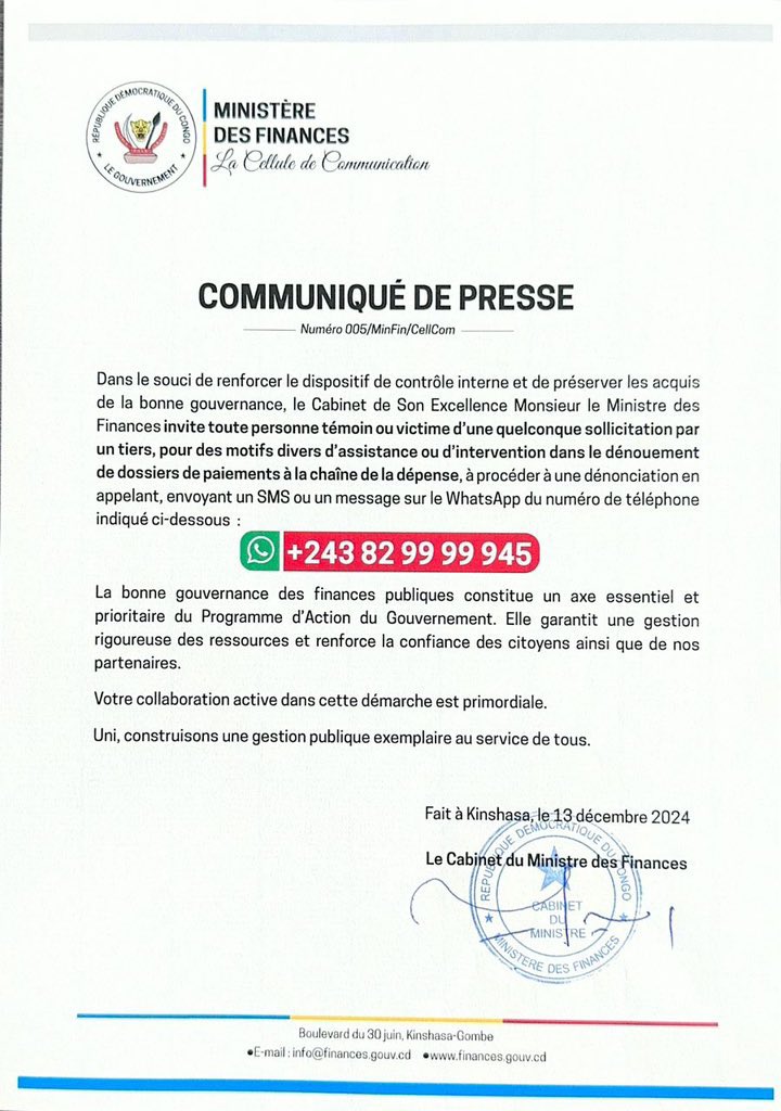 pascal_mulegwa's tweet photo. #RDC🇨🇩: Phénomène % et rétro commission dans le dénouement des dossiers de paie … le ministre des finances @LikundeR lance le +243 82 99 99 945, accessible par appel, SMS ou WhatsApp pour récolter les dénonciations. Un mécanisme qui vise à « renforcer la transparence, à lutter contre les abus et à garantir une gestion rigoureuse des finances publiques ».