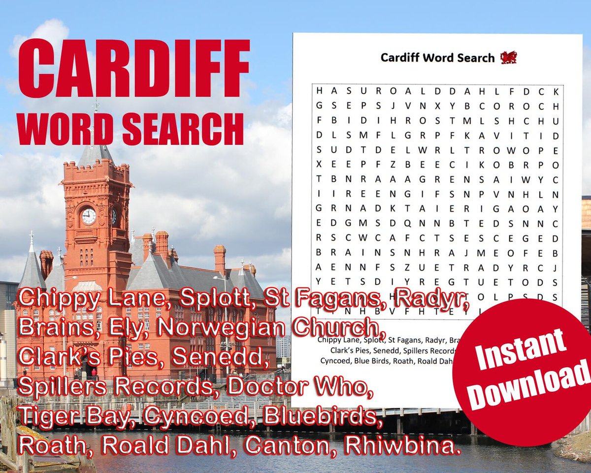 Etsy Cardiff Word Search Puzzle:
etsy.com/uk/listing/184…

Chippy Lane, Splott, St Fagans, Radyr, Brains, Ely, Norwegian Church, Clark’s Pies, Senedd, 
Spillers Records, Doctor Who, Tiger Bay, Cyncoed, Bluebirds, Roath, Roald Dahl, Canton, Rhiwbina.