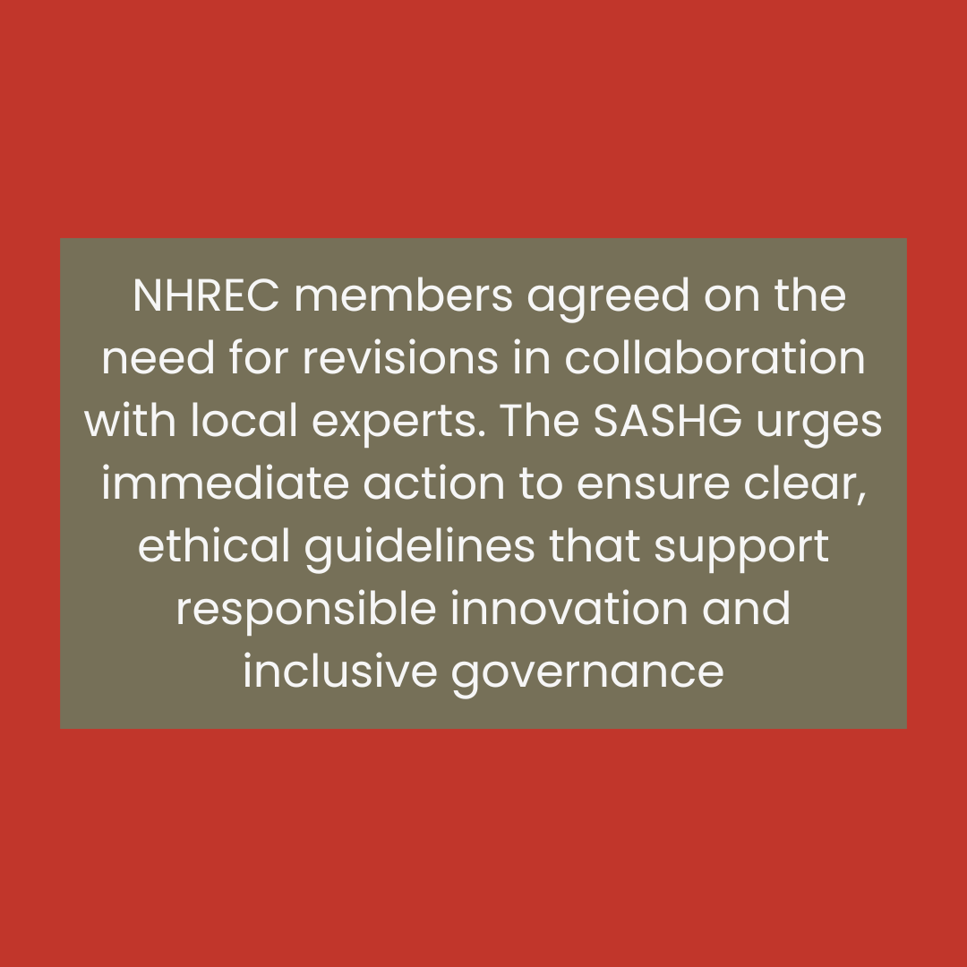 SAHumanGenetics's tweet image. 🚨 SASHG Statement on HHGE 🚨
On Dec 11, 2024, SASHG hosted an Indaba on the ethical, legal &amp;amp; social implications of heritable genome editing. We support the global moratorium &amp;amp; urge clear policies, expert consultation &amp;amp; public engagement for responsible innovation.
#SASHG